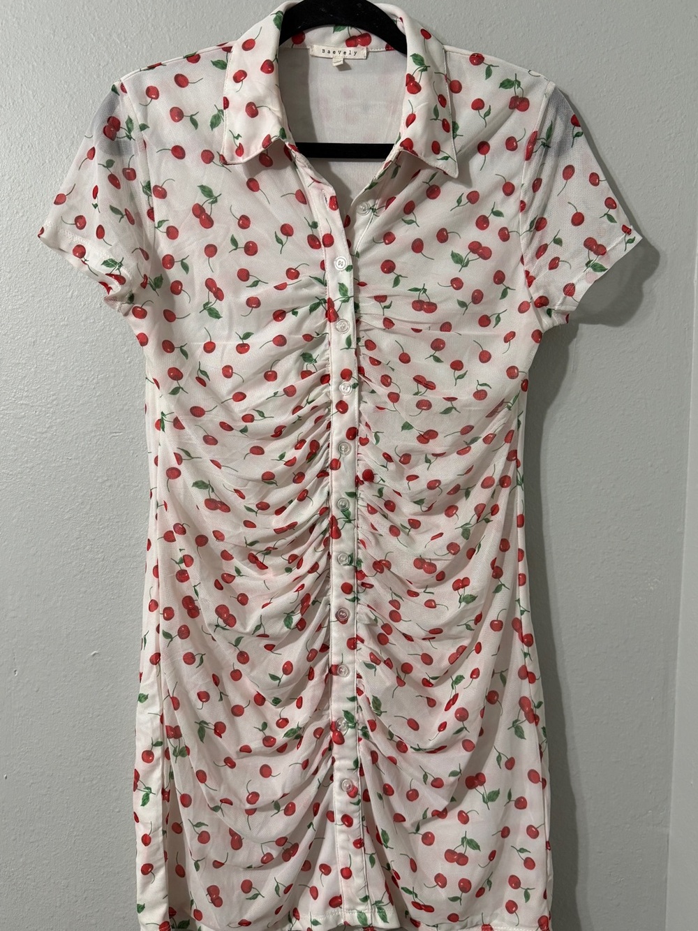 BaeVely Cute Cherry Print Ruched Button Front Dress Sheer Sleeves L
